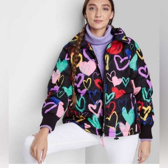 Wild Fable Womens Puffer Jacket Black With Colored Hearts Size M - Picture 5 of 14